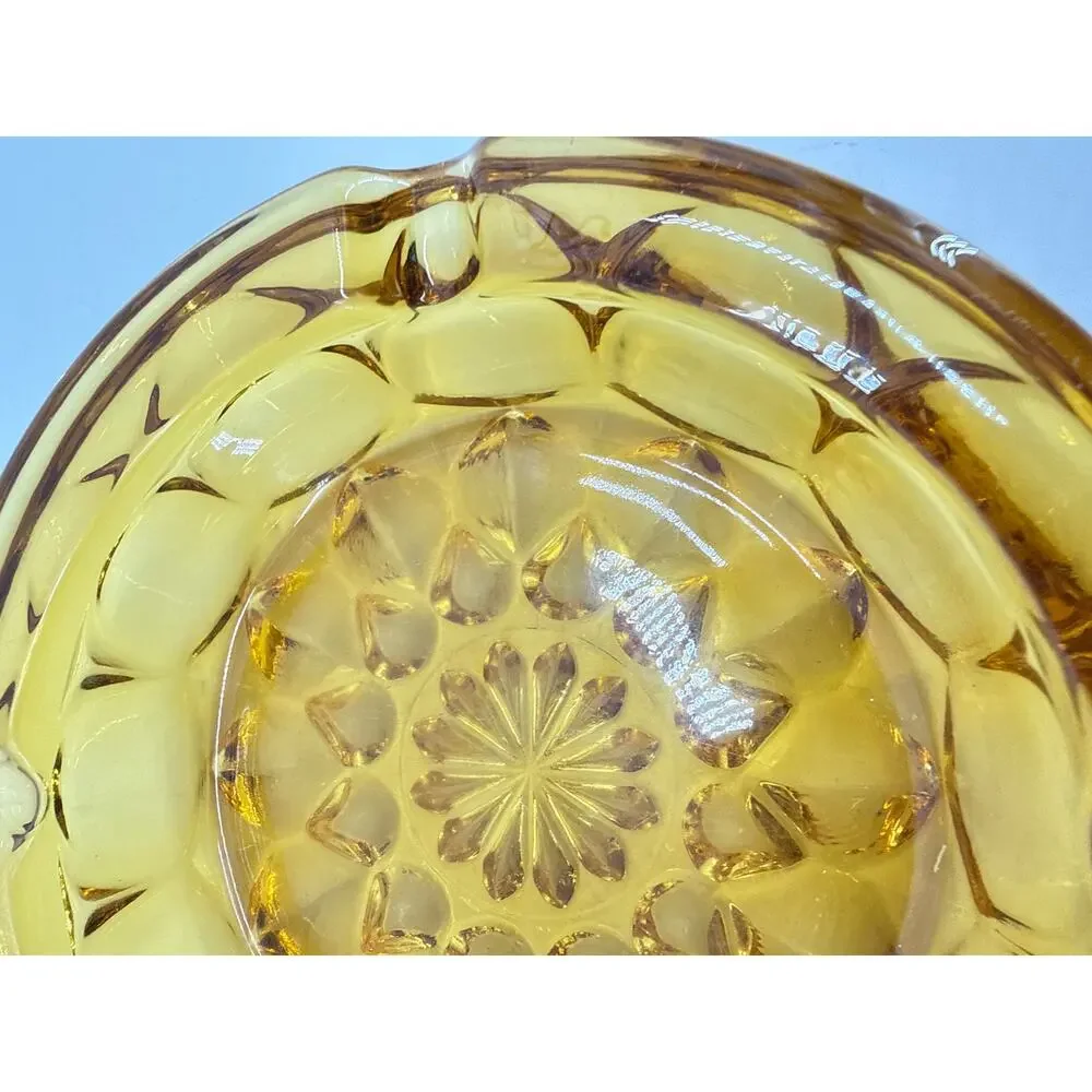 Amber Glass Ashtray Daisy Floral Pressed Glass MCM Retro Tobacco Decor 6 Inch